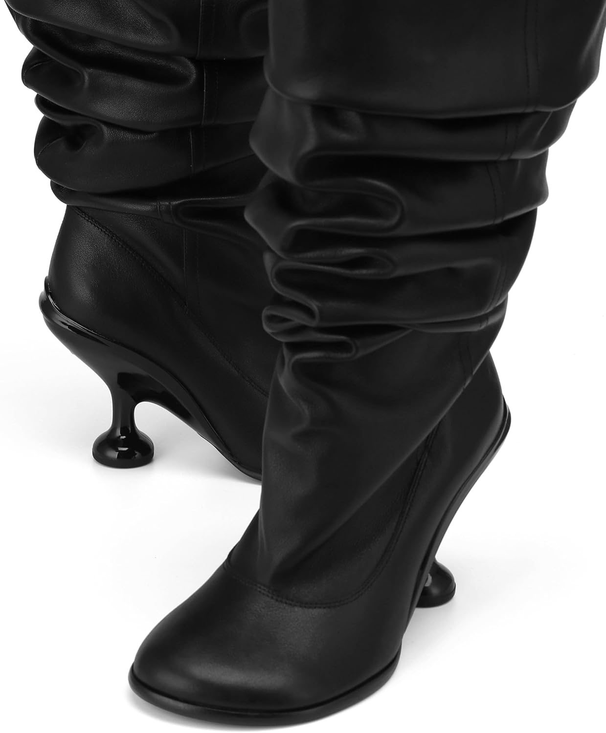 Women's Leather Knee High Boots Open Square Toe Pull On Slouchy Wide Calf Boots - Image 5
