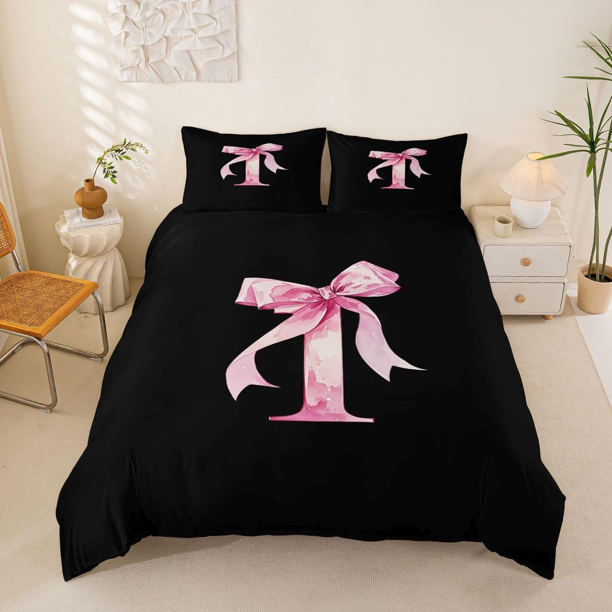 jejeloiu Personalized Initial I Duvet Cover Toddler Size Pink Black Glitter Bow Comforter Cover for Boys Girls Princess Style Bowknot Bedding Set 2Pcs Room Decor No Comforter