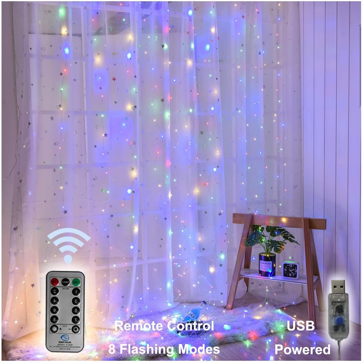 Pooqla Curtain Lights 300 LED, 8 Lighting Modes Multicolor Window Curtain String Lights with Remote, USB Powered Fairy Lights for Bedroom Home Party Holiday Decor