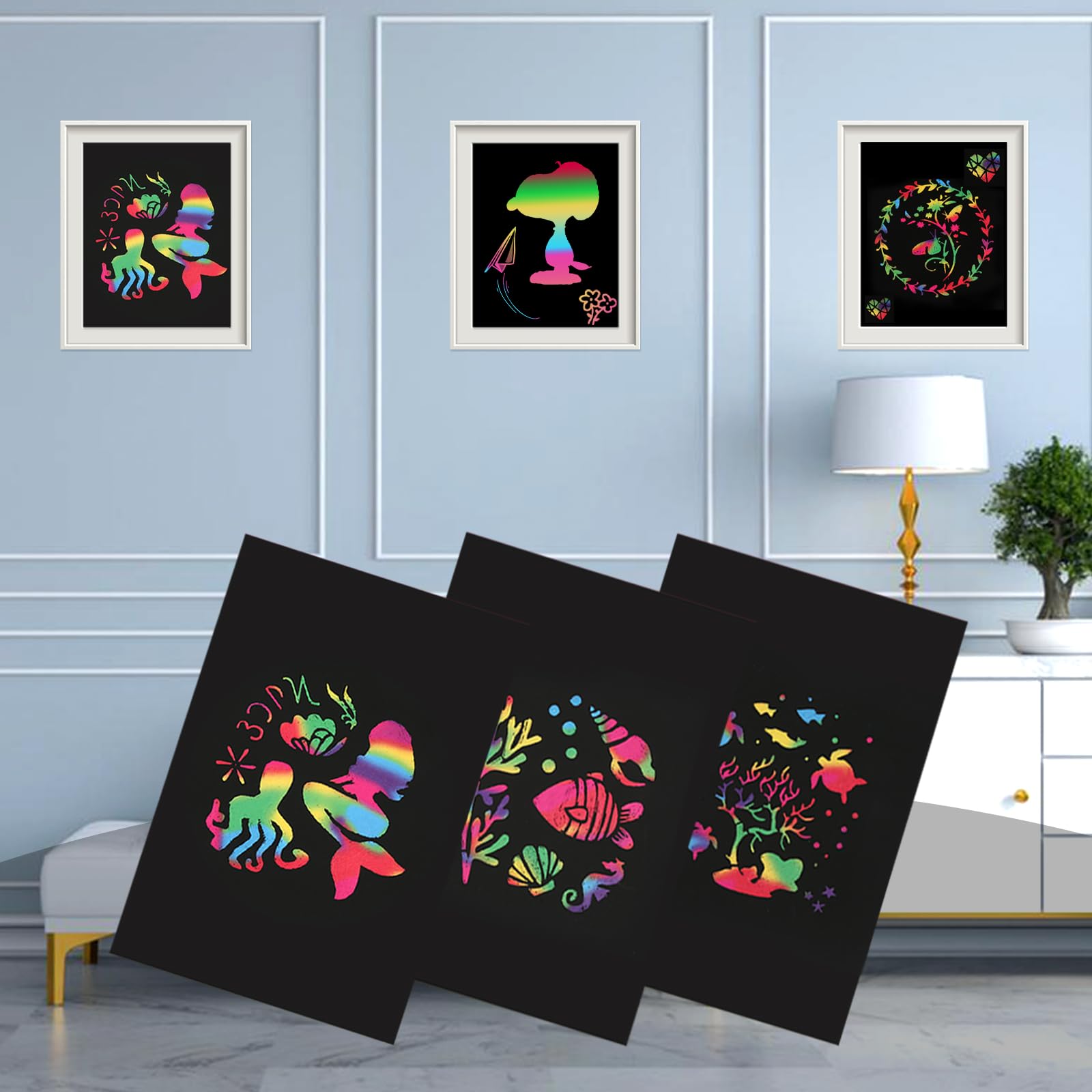 Krasafbeeldingen voor kinderset, 50 x regenboog-kraspapier voor kinderen, met 5 houten stiften, 4 sjablonen voor kinderen, creatieve doe-het-zelf knutselset voor knutselen, kinderverjaardag, ook
