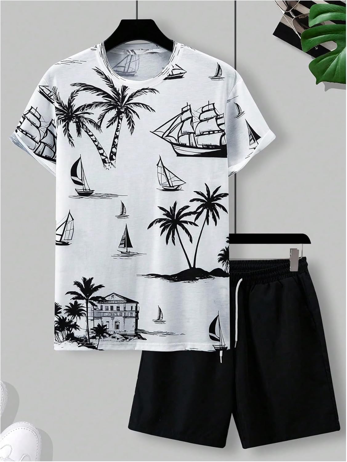 RoseSeek Men's 2 Piece Outfits Tropical Graphic Short Sleeve T-Shirt and Drawstring Waist Shorts Sets - Image 5