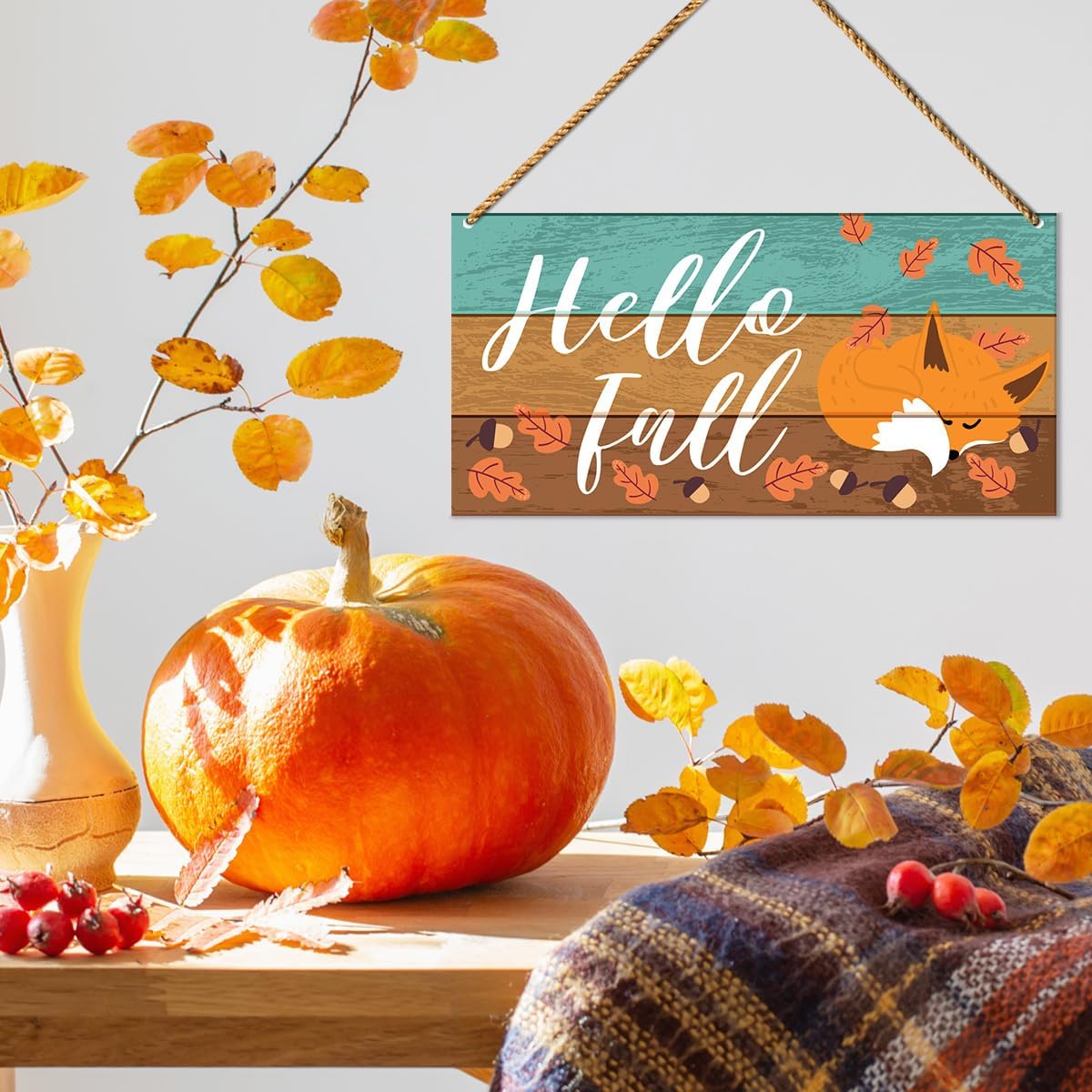 Hello Fall Wood Sign Decor, Fall Wall Decor for Home Porch Farmhouse Living Room Autumn Front Door Decorations Fox Thanksgiving Harvest Hanging Sign Decor, Sleeping Fox