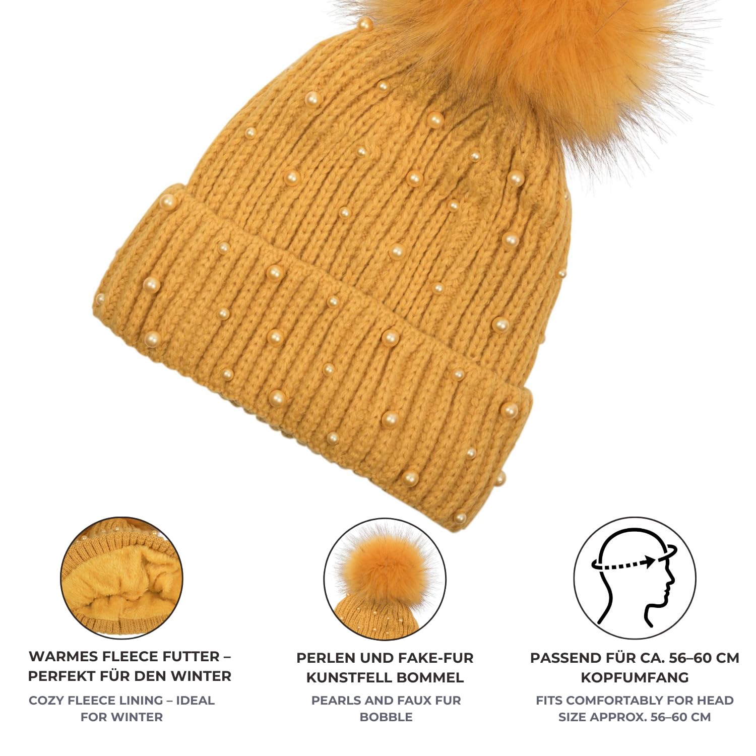 styleBREAKER Gorro de Mujer de Punto con pompón y Forro Polar, Gorro de Invierno con pompón de Pelo 04024155