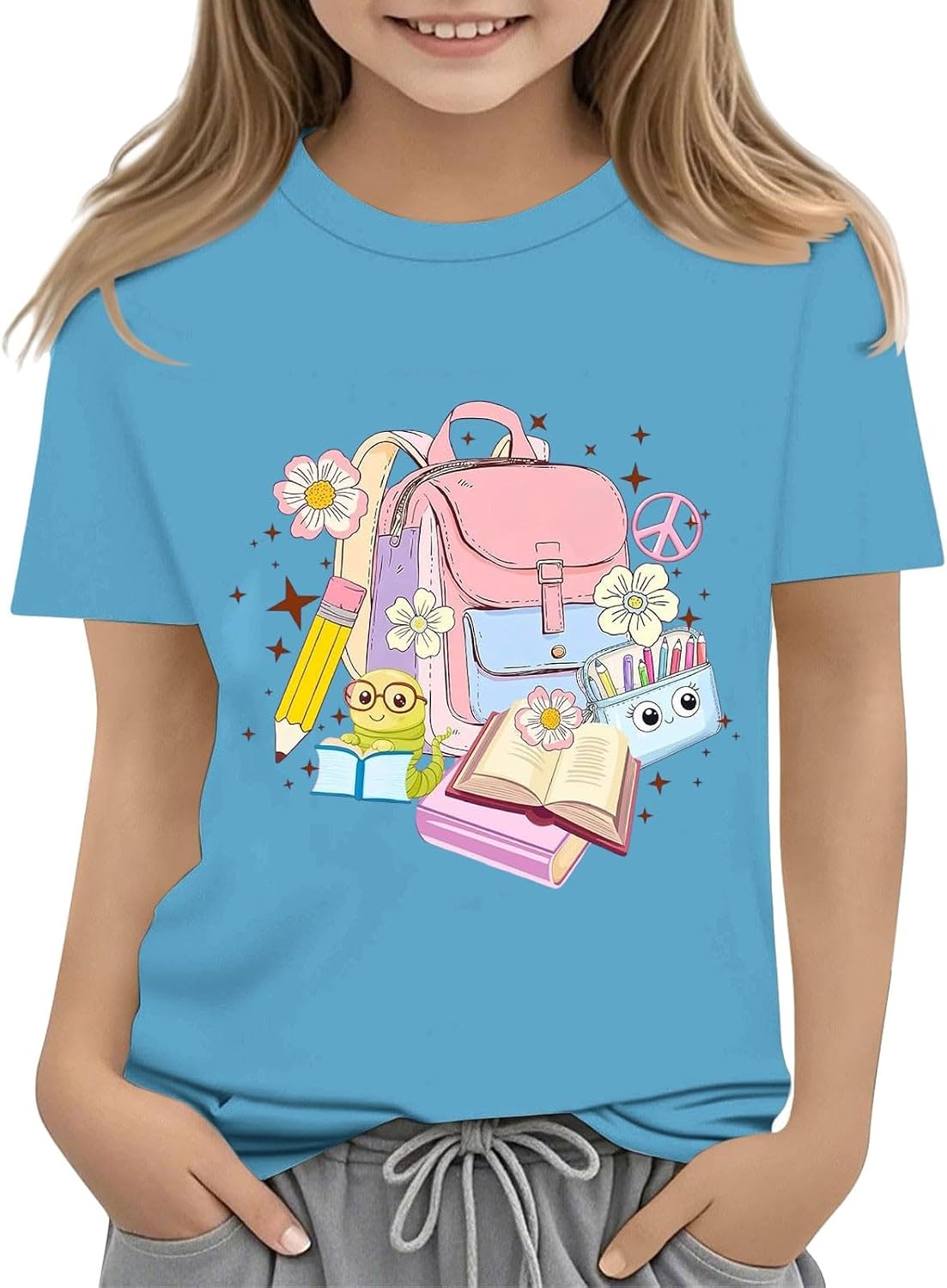 First Day of School Shirt for Girls Crew Neck Back to School Outfit Summer Cute Backpack Book Print Short Sleeve Outdoor