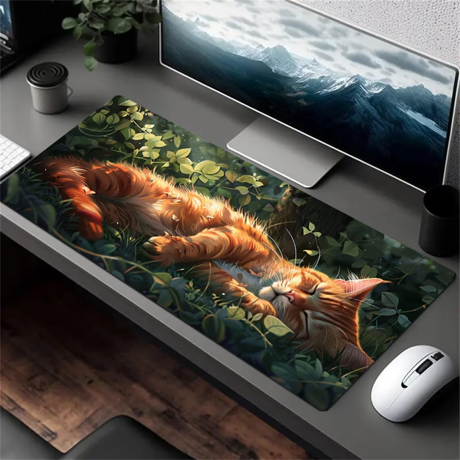Grand Tapis de Souris de Jeu 900x400x3 mm Mouse Pad Gaming Chat Plante Tapis de Bureau Antidérapant avec Bords Cousus pour Bureau, Études, Gamer