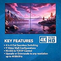 Vista 9 de OREI Interruptor de matriz HDMI 4K 4x4 y controlador de pared de video, pantalla dividida UHD 2x2/1x4/4x1, 4K @60Hz 4:4:4, HDMI 2.0 HDCP 2.2, remoto