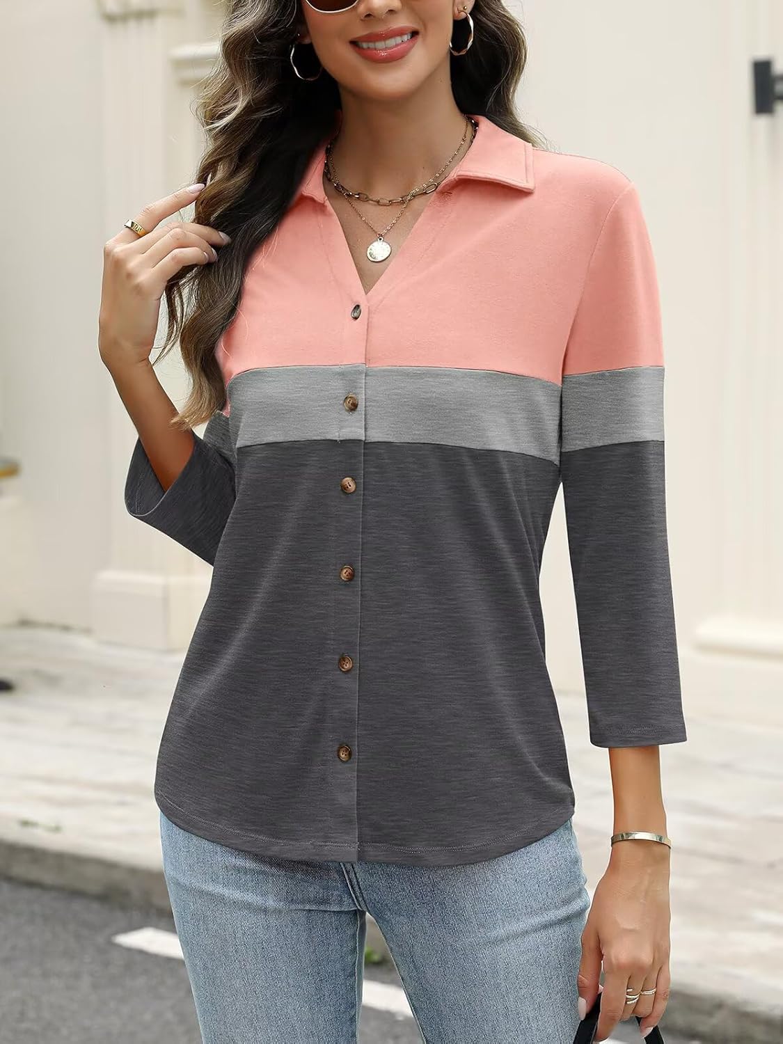 ORANDESIGNE Women's Button Down Shirts 3/4 Length Sleeve Polo Collared Tops Business Casual Color Block Summer Tees - Image 5