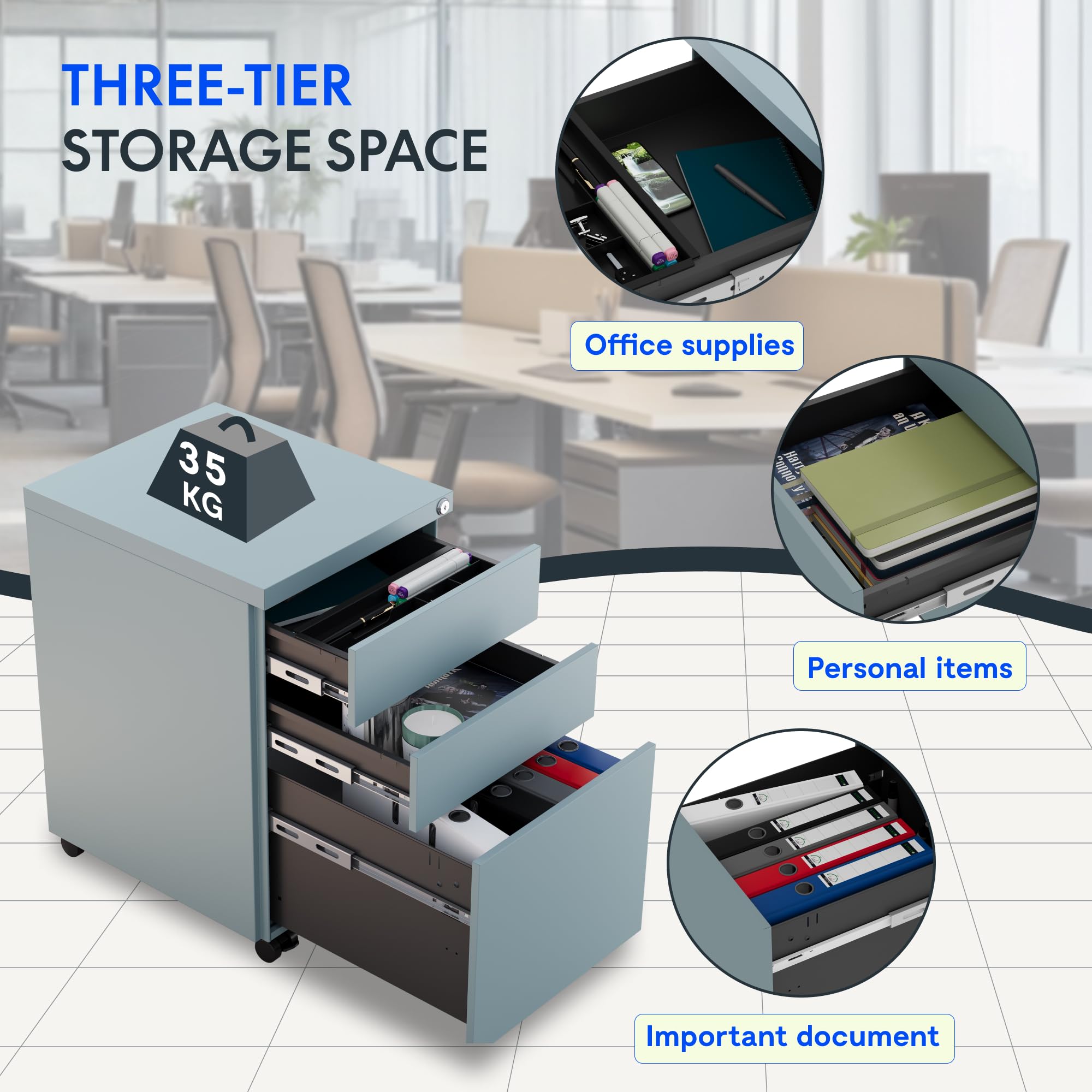 FLEXISPOT schedario con 3 cassetti, cassettiera da ufficio con ruote, armadietto con serratura e sistema anti-ribaltamento, mobiletto porta documenti per casa e ufficio, grigio blu