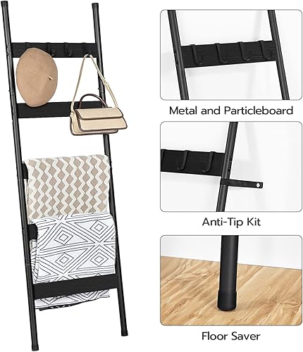 Miniatura 5 de HOOBRO Escalera para mantas, estante de toallas de 5 niveles con ganchos, estante de mantas inclinado en la pared, estante decorativo