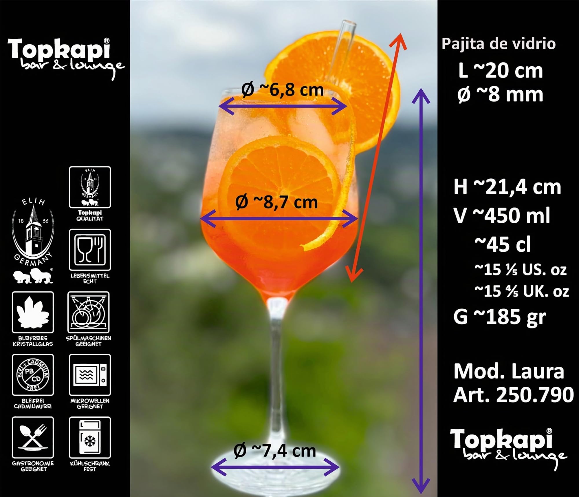 Topkapi Elite Aperol Spritz - Juego de Copas de cóctel (6 Vasos de Cristal, sin Plomo, Especialmente para Aperol Spritz con 6 pajitas de Cristal, 625 ml, Completo para 6 Personas)