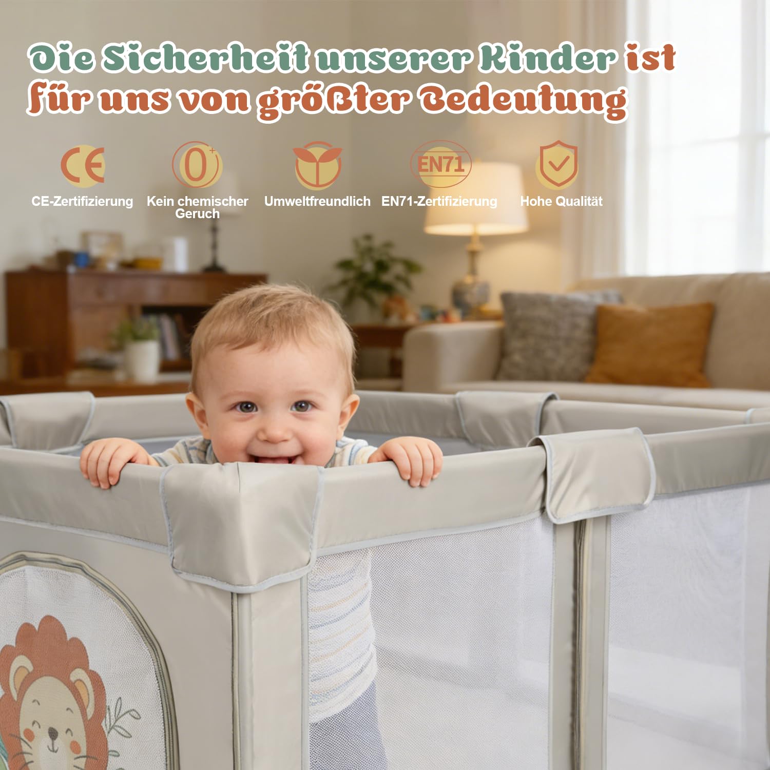 Laufstall Baby Faltbar mit Matratze, Laufgitter 360° Atmungsaktivem Netz | 300D Oxford, Sicher Spielplatz für Kinder, Innen/Außenbereich, mit Tasche, 50 Bälle, 4 Zugri (Löwe, 150 x 150 x 70 cm)