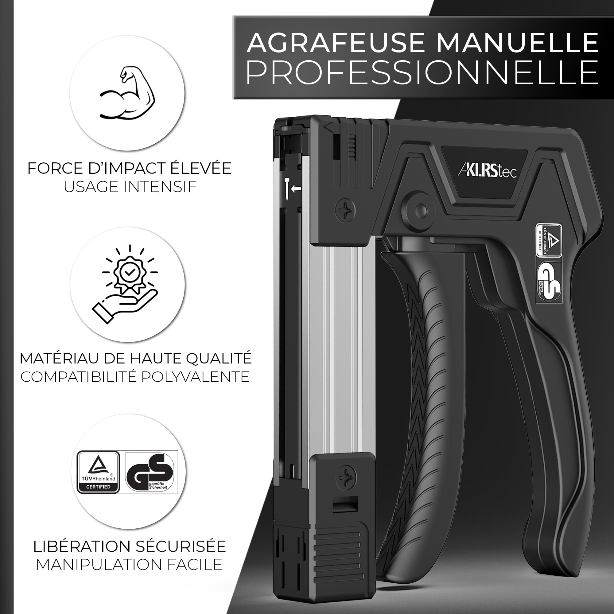 KLRStec TackPro Agrafeuse Manuelle – Tacker à Gâchette par Traction – Agrafeuse Bois & Tissu – Pistolet à Agrafes avec 2000 Agrafes Type D & T – Ergonomique, Puissante & Durable