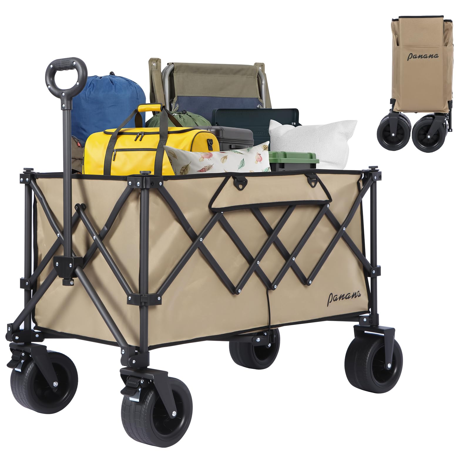 Panana Beige Folding Trolley With Wide Wheels, Foldable Wagon, Portable Camping Cart, Collapsible Trolly With Adjustable Handle, Shopping Trolley Foldaway For Easy Storage (, 230L)