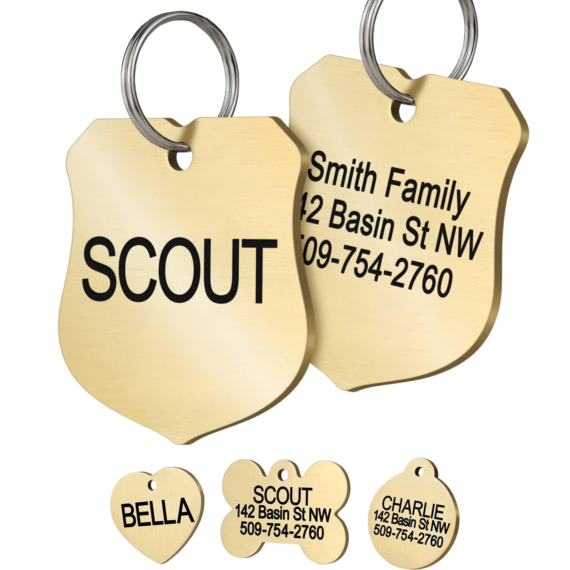 GoTags Personalized Pet ID Tags, Solid Brass Dog Tags and Cat Tags, up to 6 Lines of Custom Text, Engraved on Both Sides, Bone, Round, and Heart