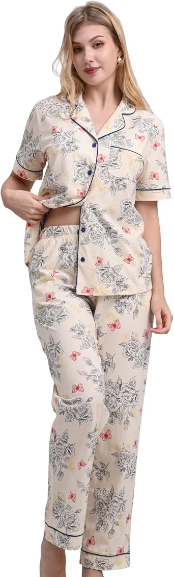 NAP BOUND 100% Cotton Womens Pajama Sets Short Sleeve Button Down Soft Pjs 2 Piece Lounge Set with Pocket Nightwear XS-XXL