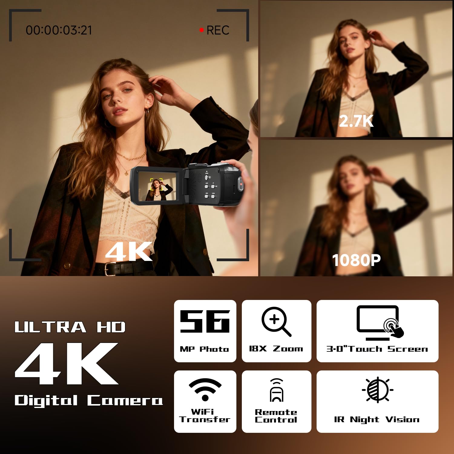 Videocamera, videocamera 4K da 56 MP, zoom 18x, rotazione a 270°, touchscreen con visione notturna a infrarossi, telecamera Wifi Vlogging per YouTube, scheda da 64 GB, anti-vibrazione, telecomando