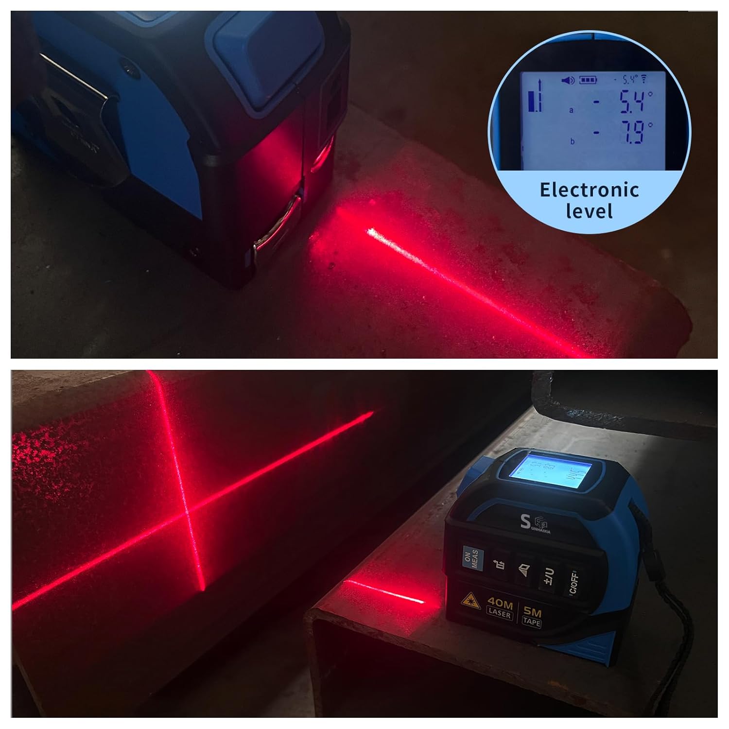 Laser crosshairs and electronic level in use