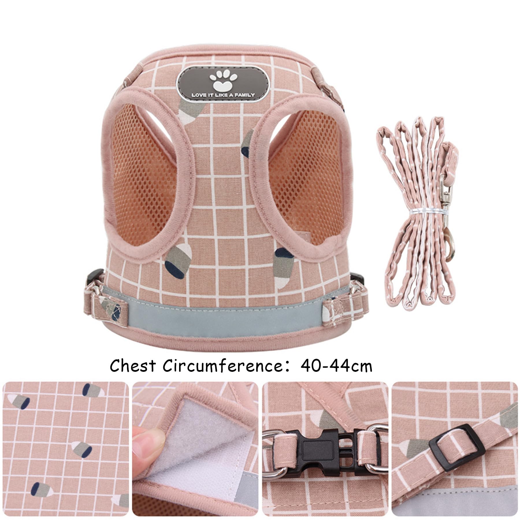 MAIGO Pink/Grey Tartan Adjustable Vest-style Reflective Pet Harness, Cat Harness, Cat Harness And Lead Set - Image 3