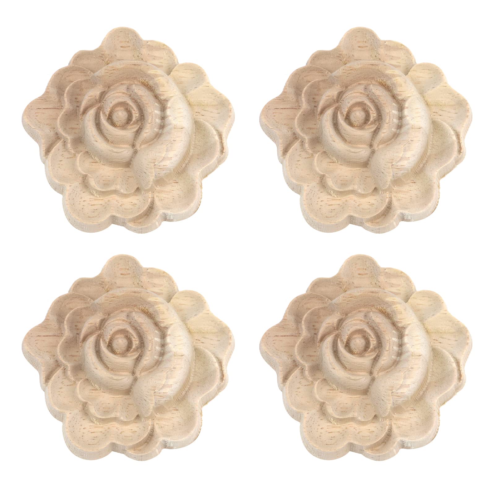 Antrader 4 Pcs Carved Wood Appliques Onlays,Unpainted Flower Shape Wood Carved Applique Frame Onlay for Cabinet Door Bed Wardrobe Furniture Decoration(7x7cm/2.76x2.76in)