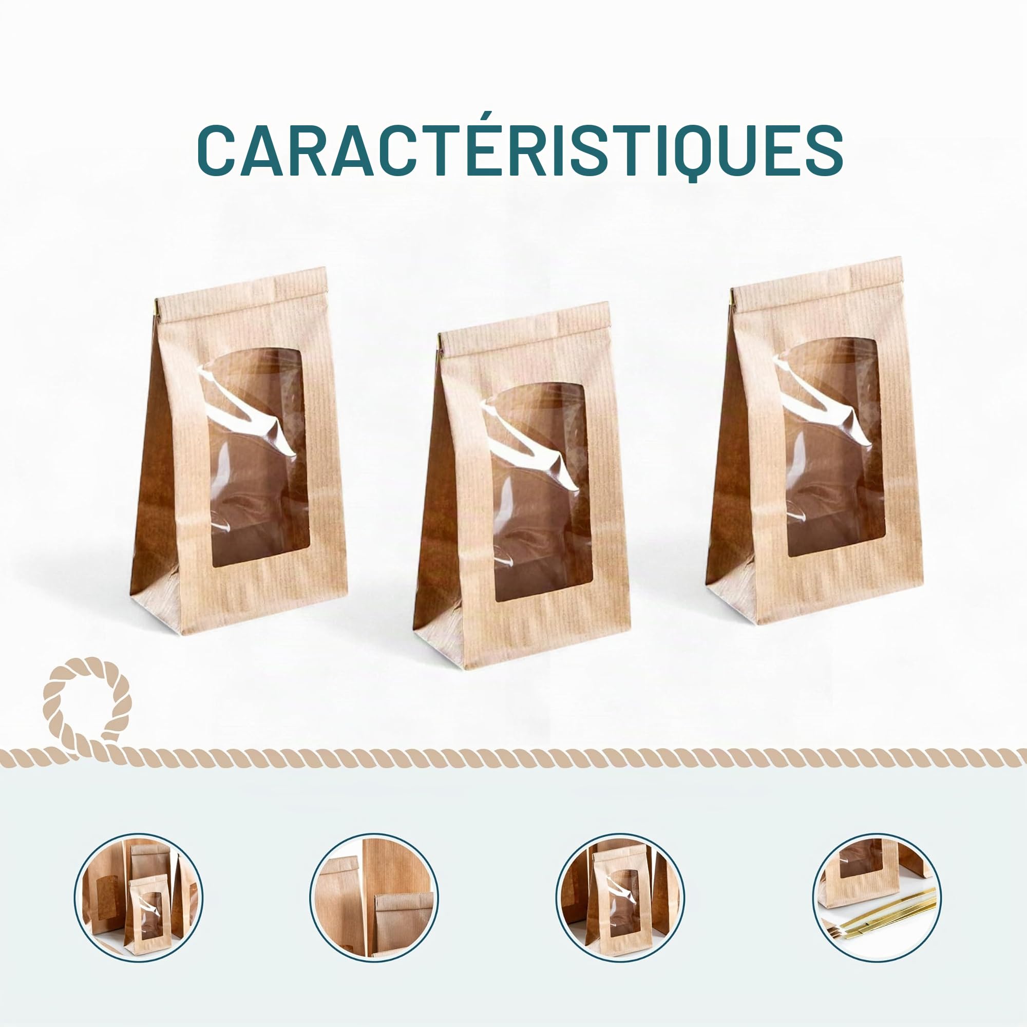 Sachets kraft fond plat avec fenêtre, 100 pièces: sac papier brun alimentaire avec clips pour thé, épices, café, friandises, cadeau fait maison, pochette emballage, 26,5 x 8,5 x 5 cm