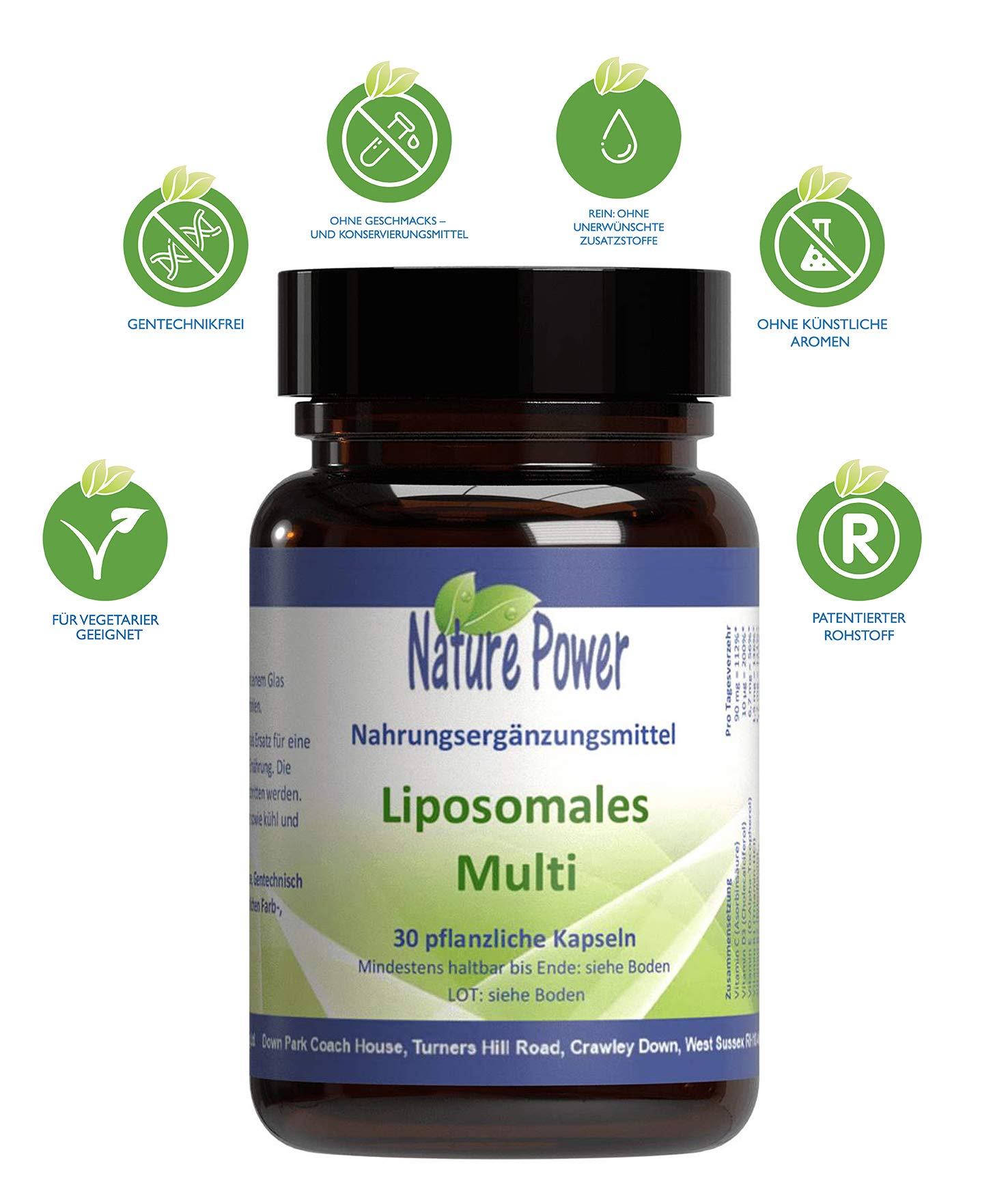 Liposomales Multi: Vorteilspaket 4 + 1 - Liposomales Pulver in Kapseln - Maximale Bioverfügbarkeit - ohne Gentechnik & für Vegetarier geeignet - 5 x 30 pflanzliche Kapseln - von Nature Power