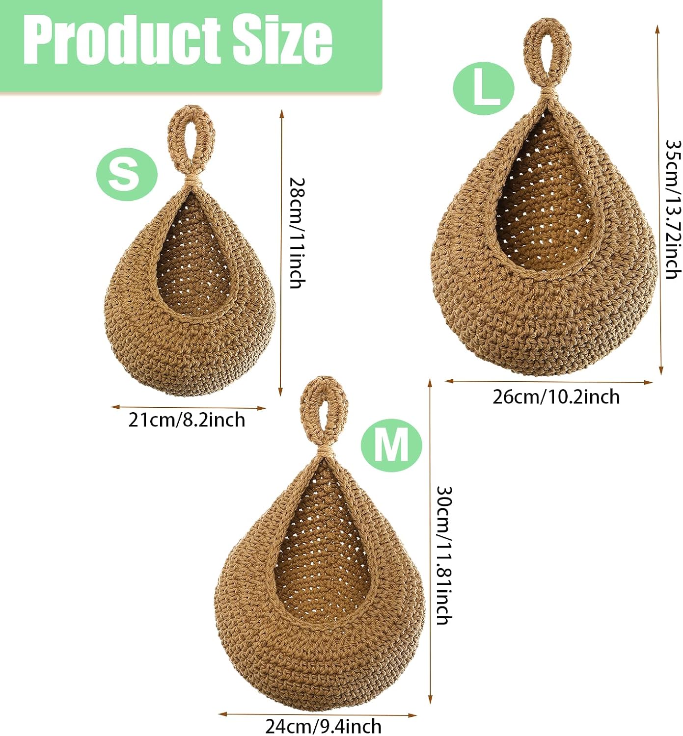 Hanging Fruit Baskets for Kitchen - Handwoven in 3 Sizes Boho Wall Hanging Basket with 3 Hooks, Bohemian Teardrop Jute Hanging Holder for Fruits Vegetable Potato Onion Storage
