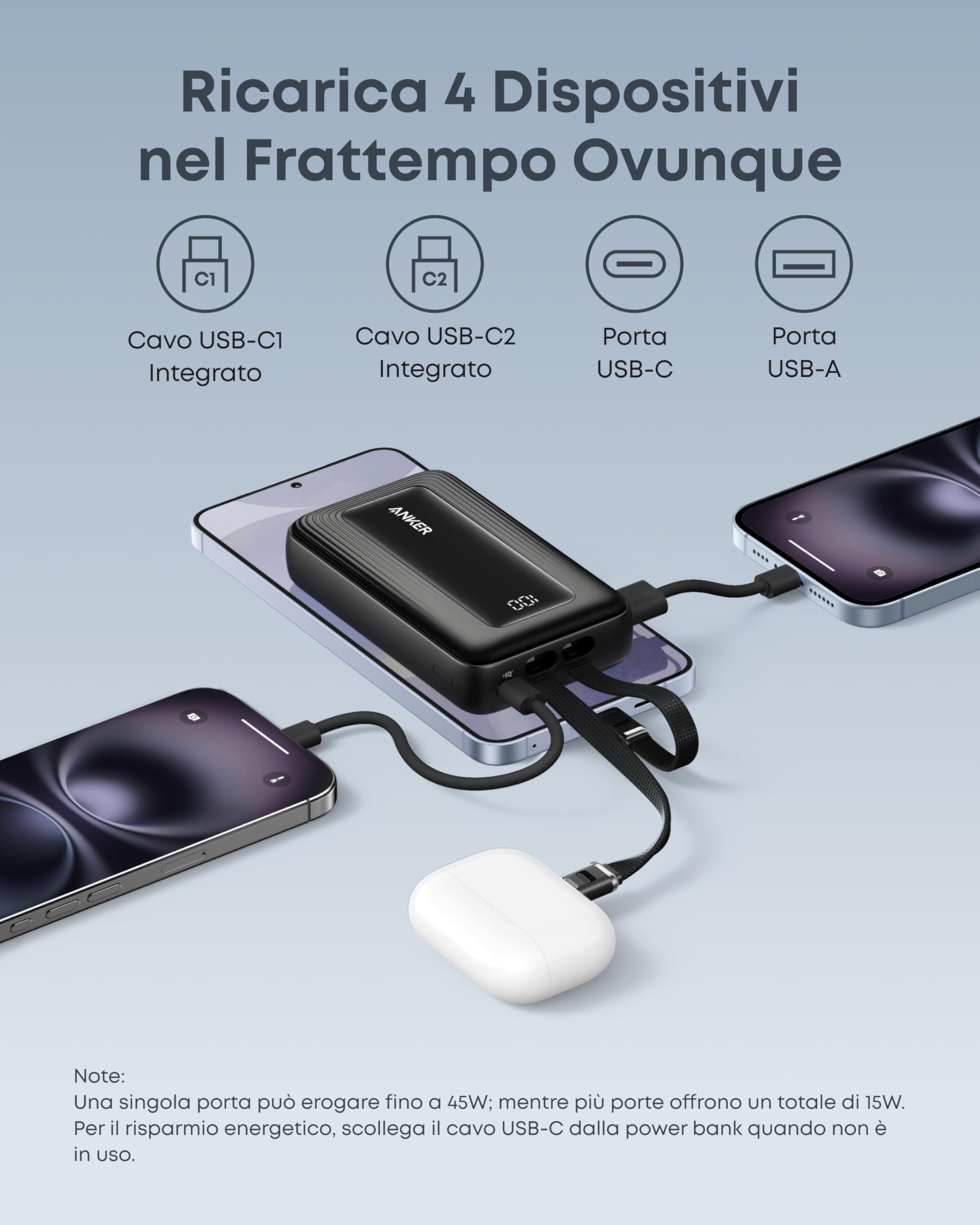 Anker Zolo Power Bank (aggiornamento 2025), ricarica rapida da 45 W, batteria esterna da 20.000 mAh, 2 cavi USB-C, per iPhone serie 17/16, Galaxy, MacBook ecc.