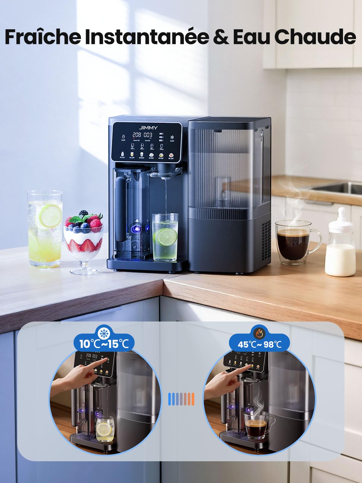 Jimmy R9 Pro Système de Filtration d'Eau à Osmose Inverse de Comptoir, Fontaine à Eau avec Chauffage et Refroidissement, 7 Étapes de Filtration UV, Eau Chaude Instantanée, Affichage Intelligent TDS