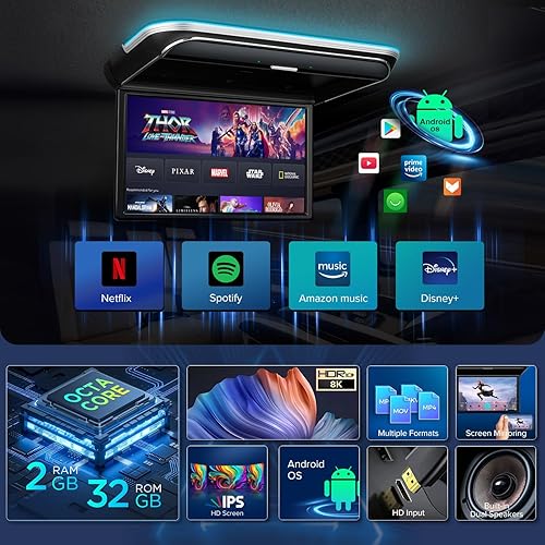 Miniatura 2 de XTRONS Android - Reproductor de techo para automóvil con pantalla IPS de 17.3 pulgadas de ancho, monitor de montaje en techo de coche con altavoces