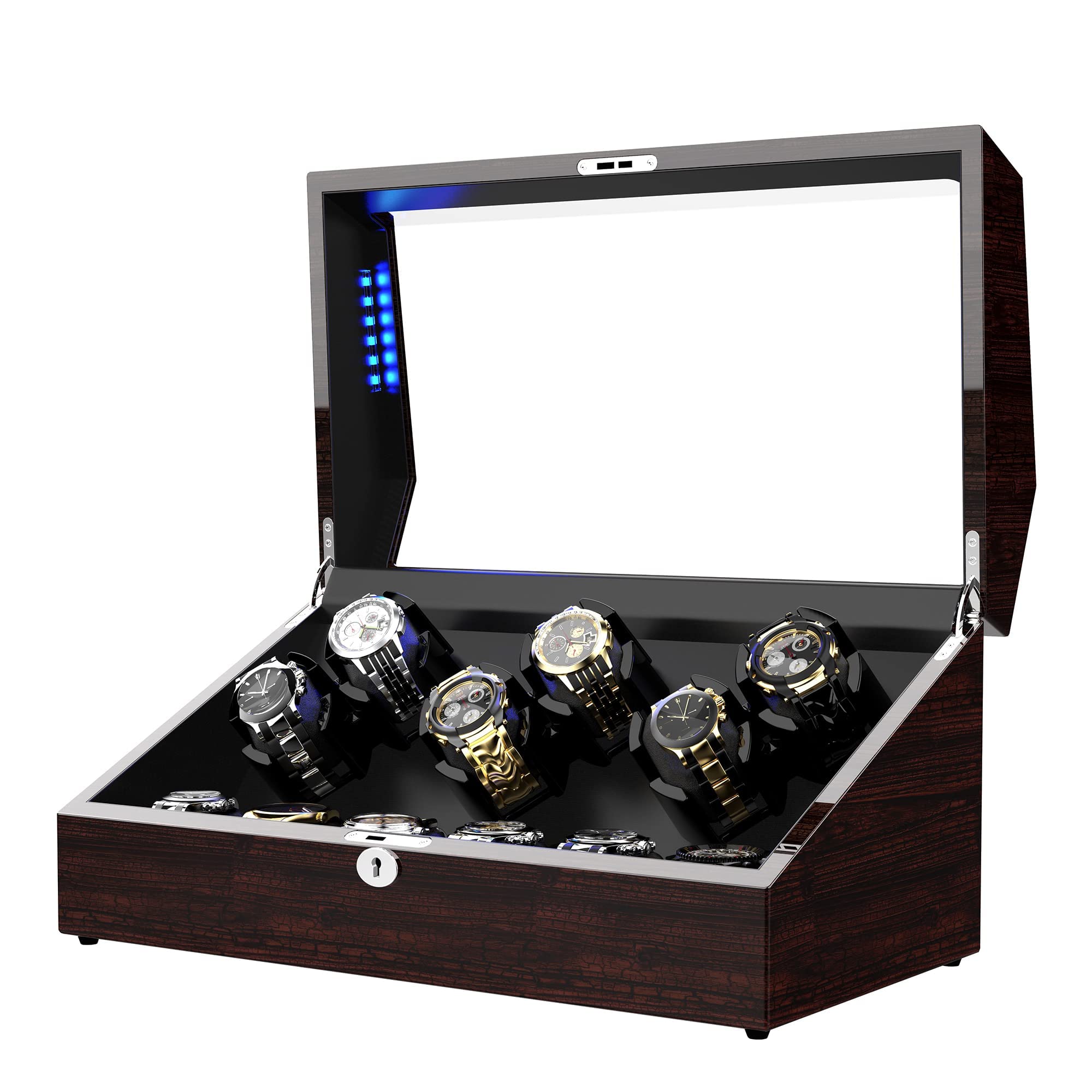 Watch Winder for 12 Storages, Wood Piano Paint Shell+ Extremely Silent Motors, with Soft Flexible Watch Pillow, Built-in Illumination (Pine Bark Pattern)