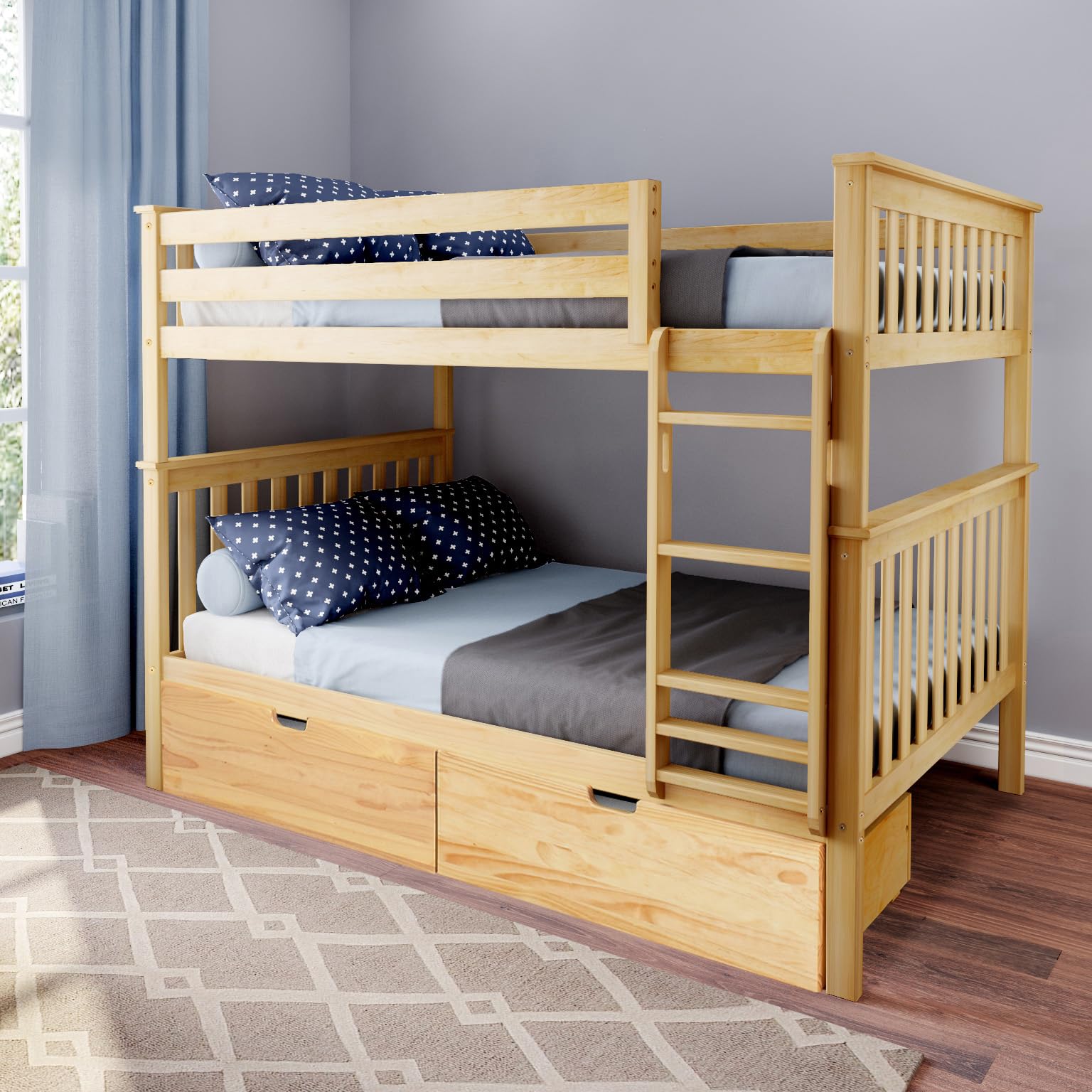 Max & Lily Bunk Bed, Full-Over-Full Wood Bed Frame for Kids with Storage Drawers, Natural