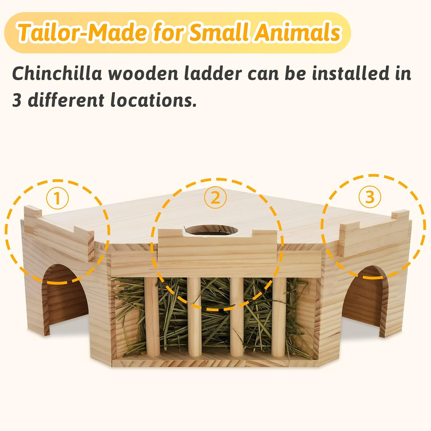 Fhiny Guinea Pig Wooden Castle with Hay Holder, Ventilated Chinchilla Hideout with Feeding Bowl Ladder, Small Animal Multi Chamber Hideaway for Young Guinea Pigs Chinchillas Hedgehogs