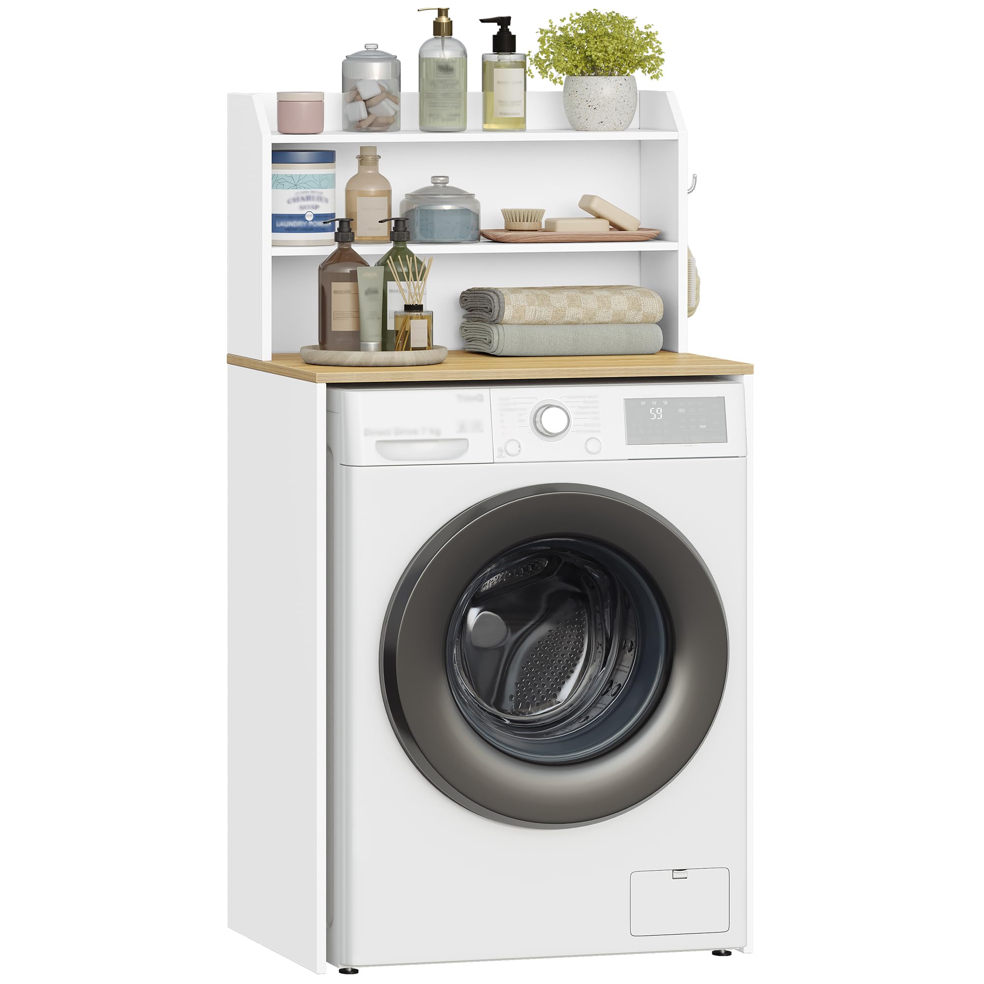 Hzuaneri Mobile Lavatrice, 50 x 68 x 128 cm, Bianco-Rovere | Mobile Sopra Lavatrice, Scomparti Aperti, Scaffale da Bagno, Adatto per lavatrici e asciugatrici, LR00103X