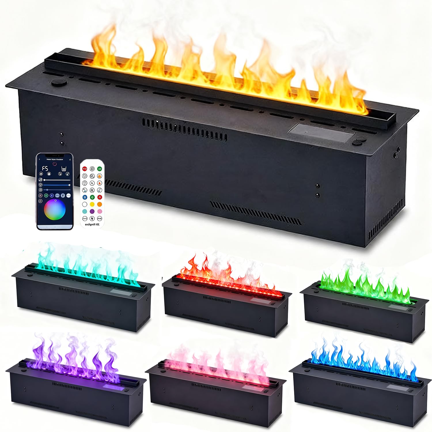 Wasserdampfkamin smart 3D mit realistischer Flamme – 9 Farben einstellbar, App & Fernbedienung, Touch-Bedienfeld, automatisches Nachfüllen, sicherer Luftbefeuchter, Edelstahl Design 800mm/31.5in