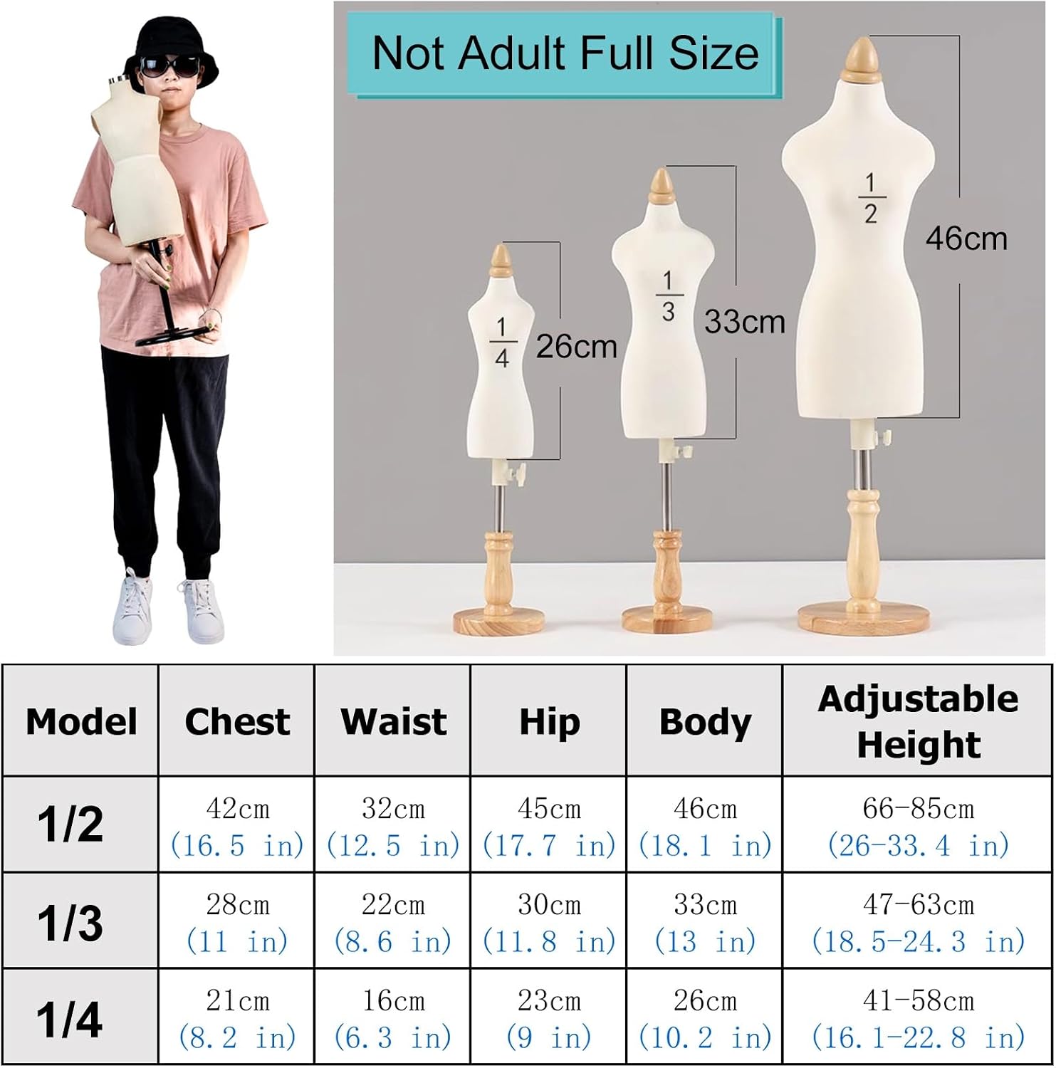 Mini Dress Mannequin with Stand, Small Female Half Dress Form Dummy for Kids, Dressmaker Sewing Manikin for Design Training and Draping Practice,Round Base,1/4 Model