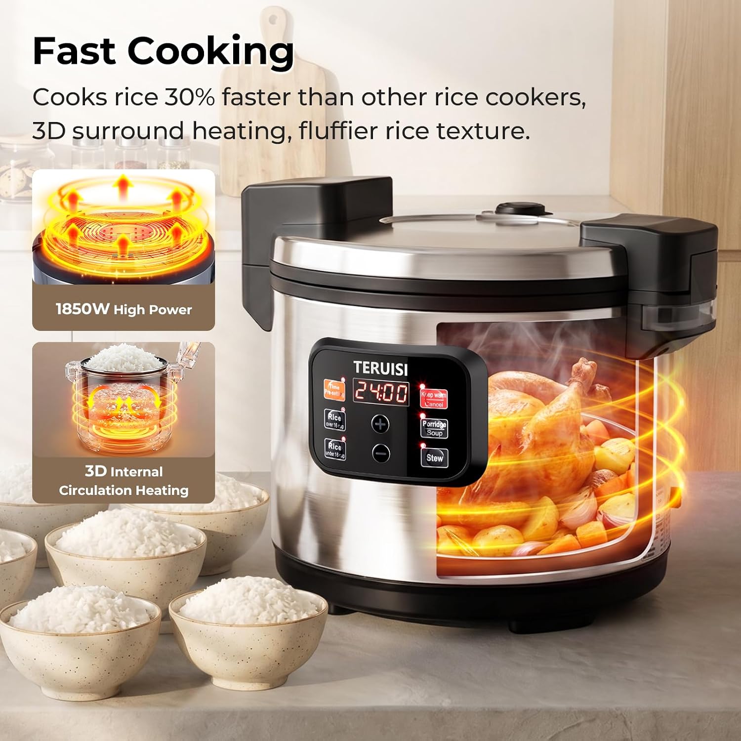 Commercial Rice Cooker, 15.85QT/84 Cups Cooked Rice 15L Large Capacity Rice Cooker & Warmer, 1850W Fast Rice Cooker with 6 Functions, LED Display, Non-stick Inner Pot for 25-35 People Use,110V image 2