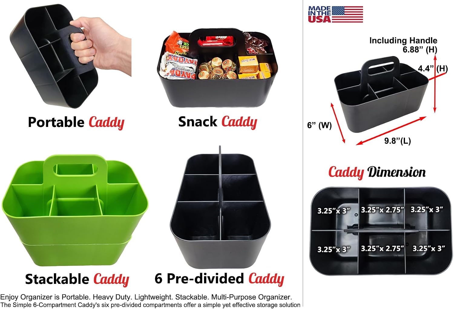 2 Pack Small 6 Compartment Multiuse Caddy Organizer with Handle Art Craft Supplies, Office, Desk, Stationery Pen Holder Stackable- Made In USA (Green)