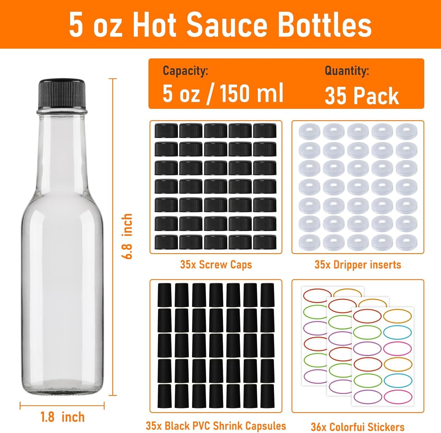 STARSIDE 5 oz Hot Sauce Bottles - 35 Pack, Clear Glass Woozy Bottles with Leak Proof Black Screw Cap
