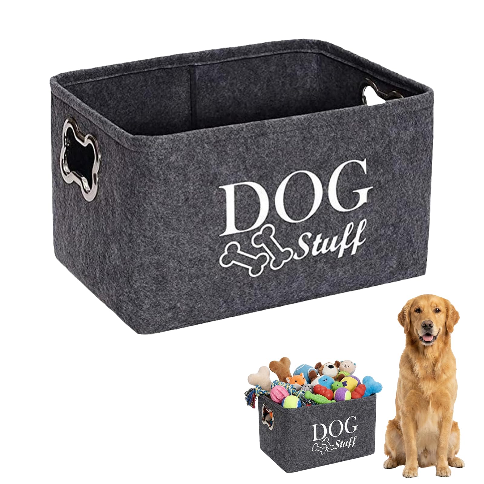 Nocecfi Dark Gray Puppy Toy Box Storage Basket, Felt Stuff Storage Baskets With Designed Metal Handle, Collapsible Pet Supplies Storage Basket, Dogs Toy Storage Baskets For Pets Toys Clothes (Dark Gray)