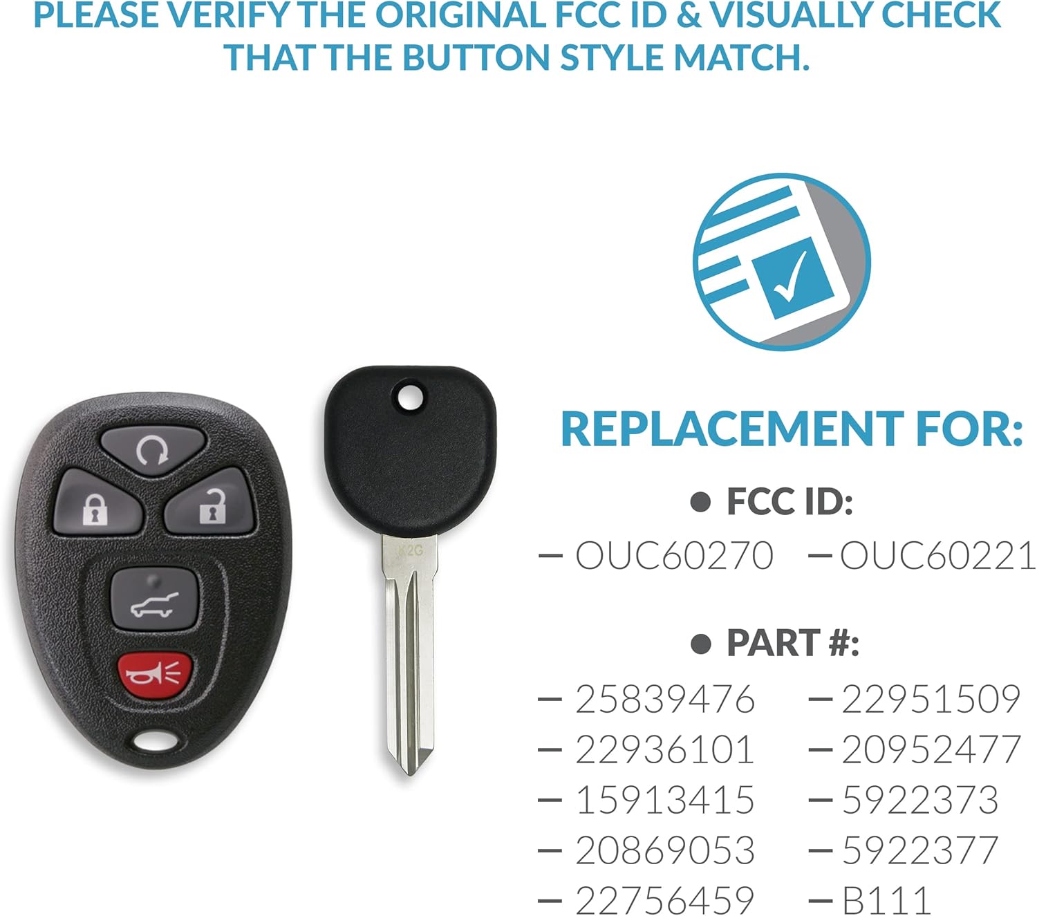 Compatibility verification for Keyless2Go key fob showing FCC ID and Part Numbers
