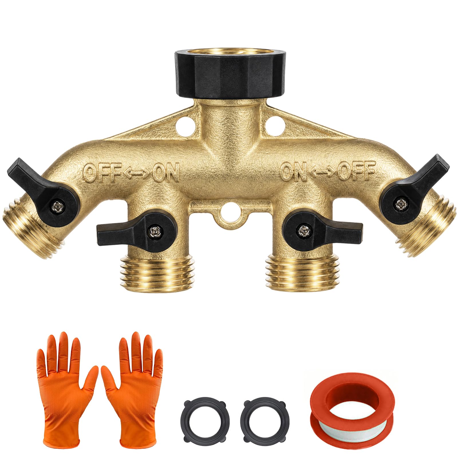 Divisor de manguera de latón de 4 vías, colector de grifo de manguera de latón resistente de 0.75 pulgadas, cuatro salidas con válvula de encendido y apagado, conector adaptador de manguera