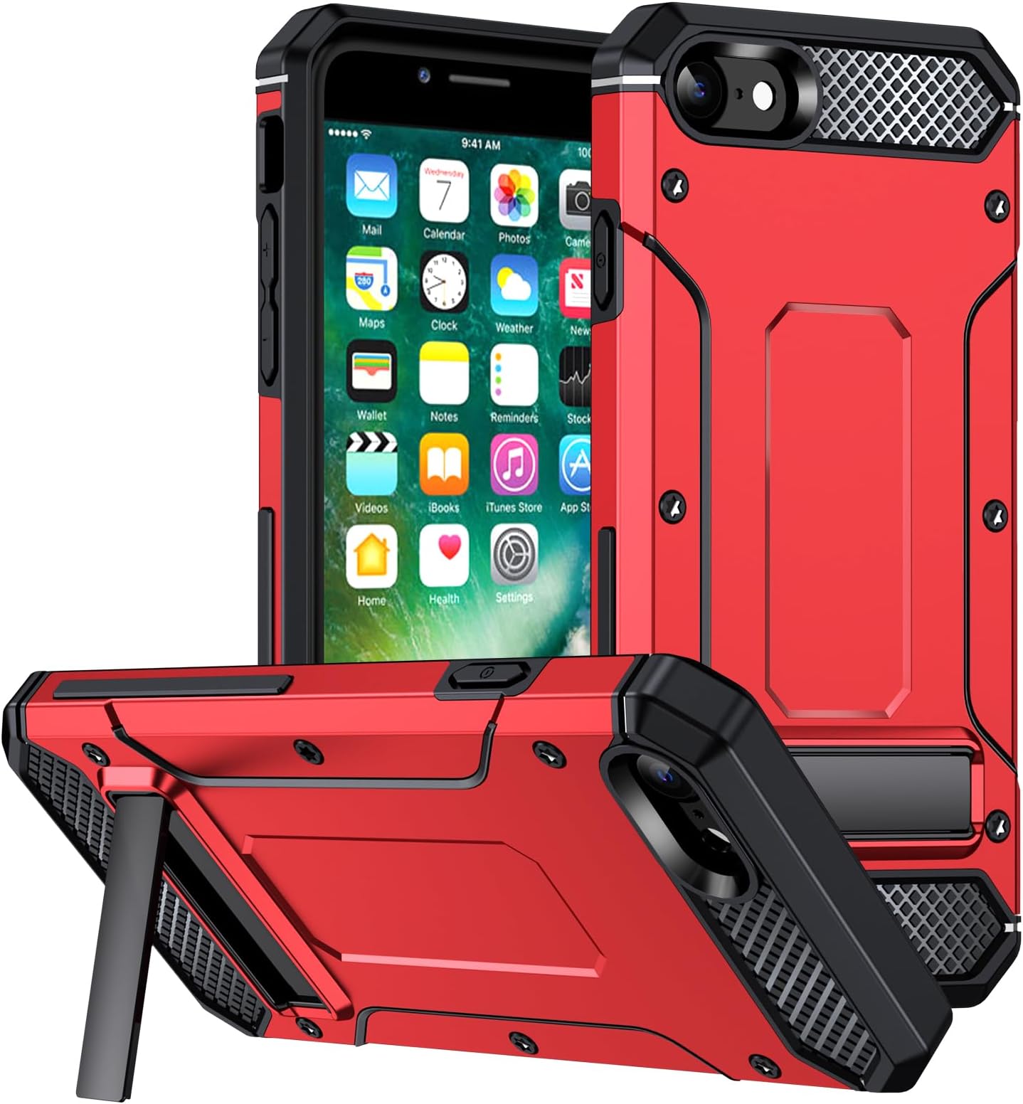 2NSPDRGNI Metal Kickstand Cover Compatible with iPhone 7/8/SE 2020/SE 2022,Supports Wireless Charging,Shockproof Protective Armor Cover,Red