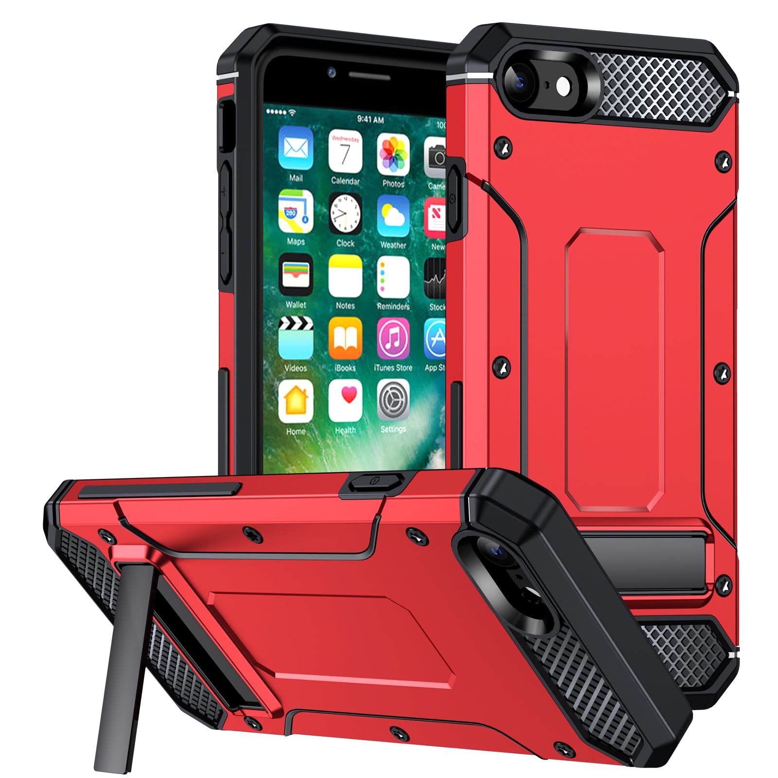 2NSPDRGNI Metal Kickstand Cover Compatible with iPhone 7/8/SE 2020/SE 2022,Supports Wireless Charging,Shockproof Protective Armor Cover,Red