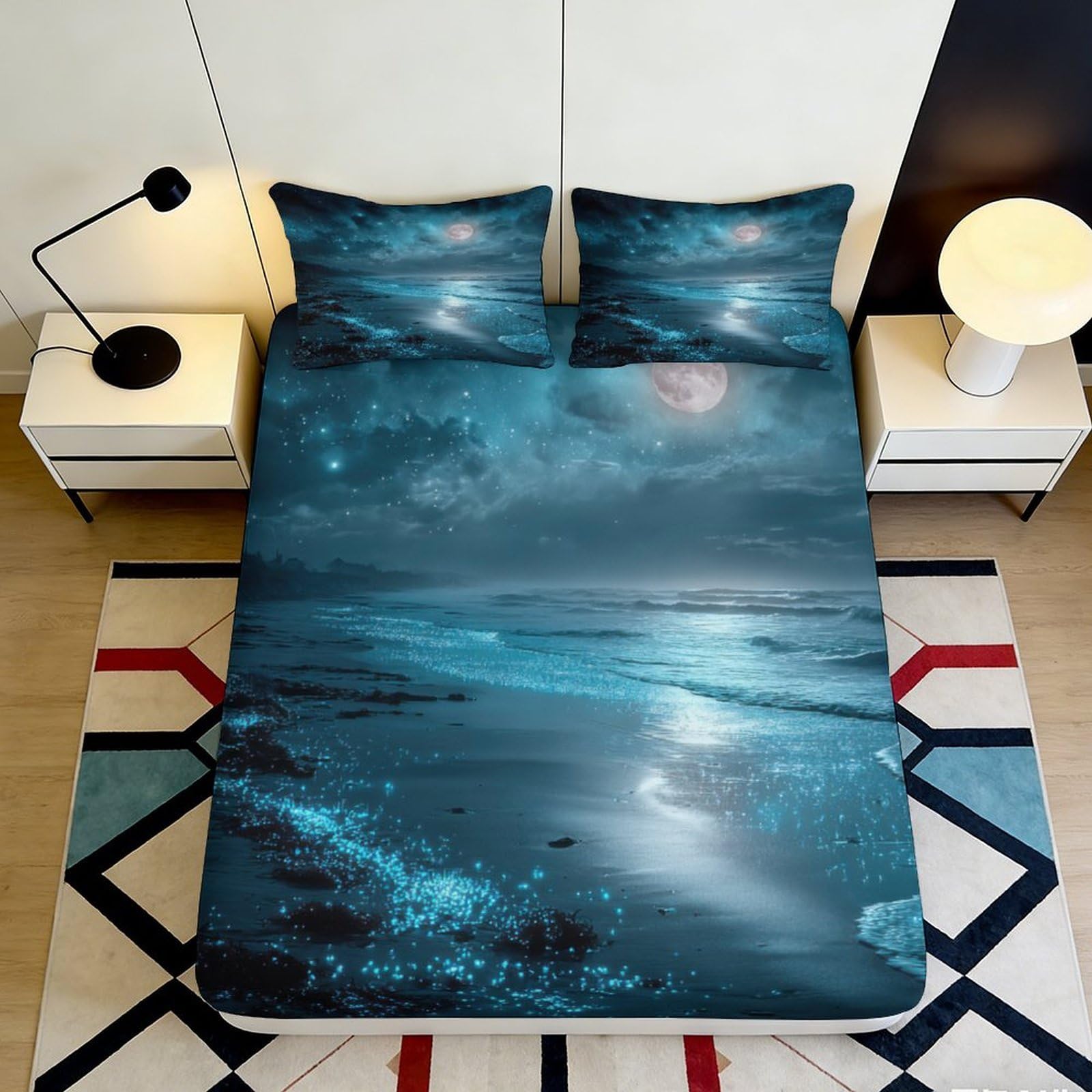 Pnayamiorkfel Style-3 3D Printed Moonlit Ocean Fitted Sheet Microfiber Bedroom Decor Bioluminescent Beach Mattress Cover For All Ages 90X200x25cm