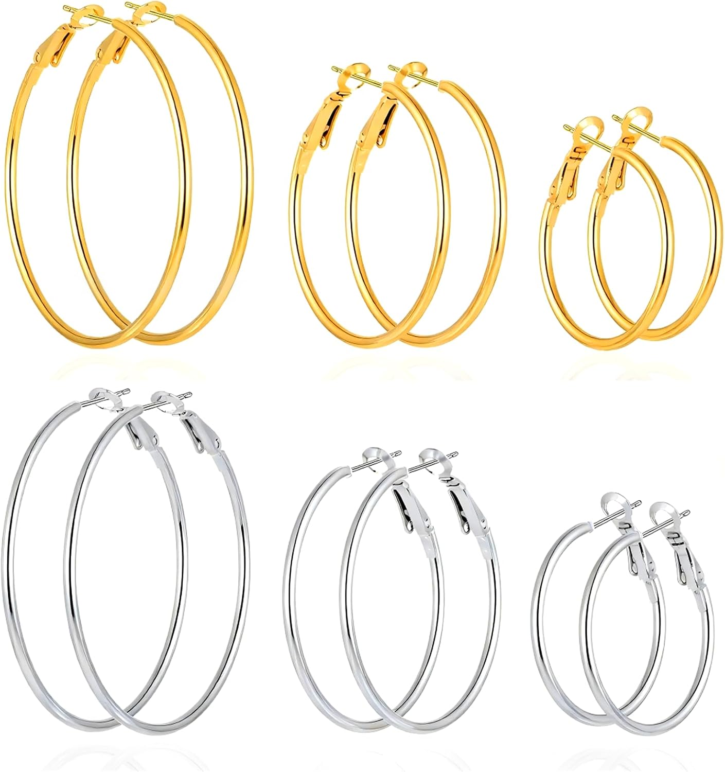 6 Pairs Stainless Steel 30/40/50 mm Silver 14K Gold Hoop Earrings for Women Hypoallergenic Big Thin Lightweight Dangle Set