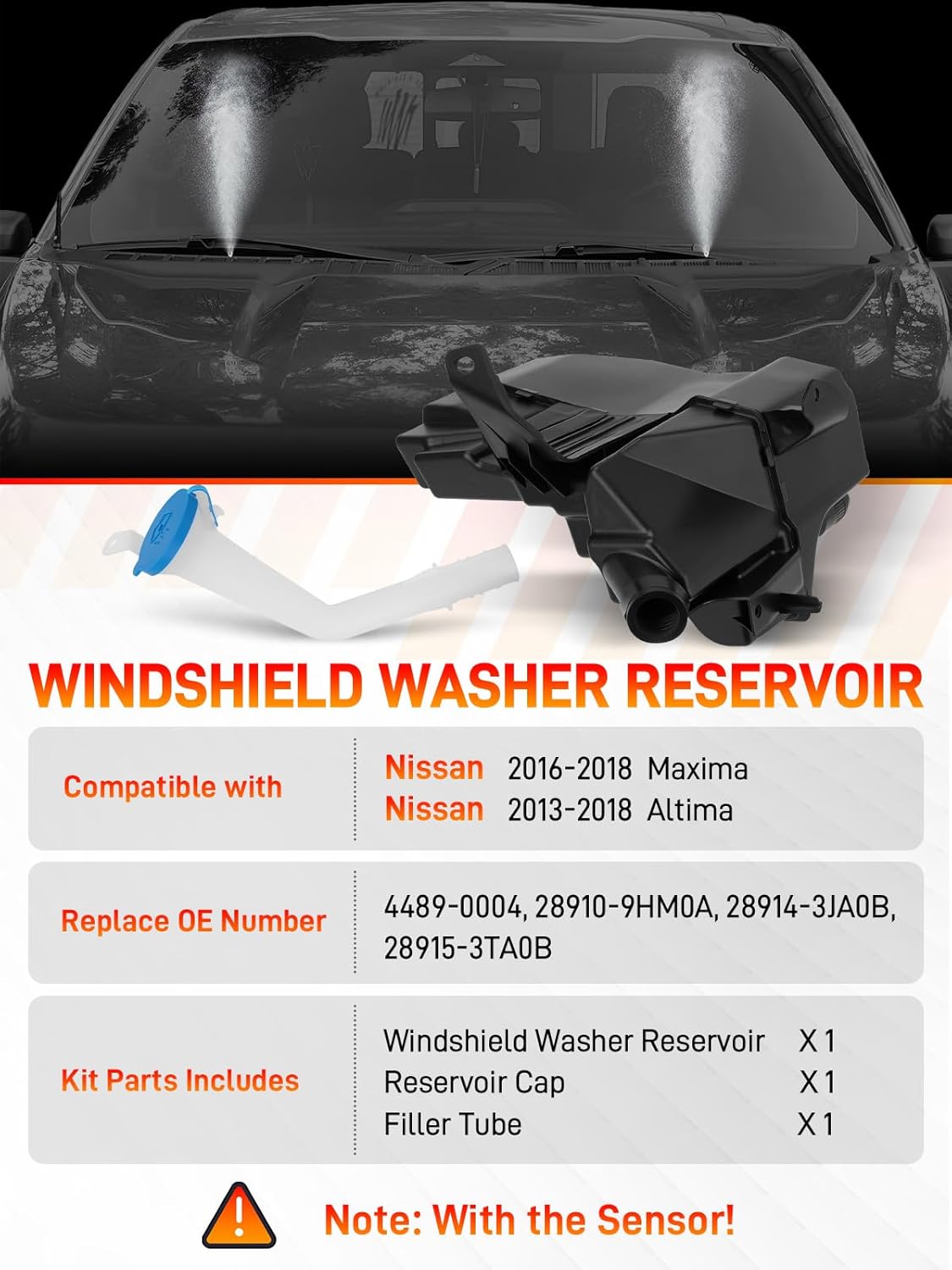 28910-9HM0A Windshield Fluid Reservoir wiht Sensor, Compatible with Nissan Maxima 2016-2018, Altima 2013-2018, Washer Tank Replaces# 28915-3TA0B