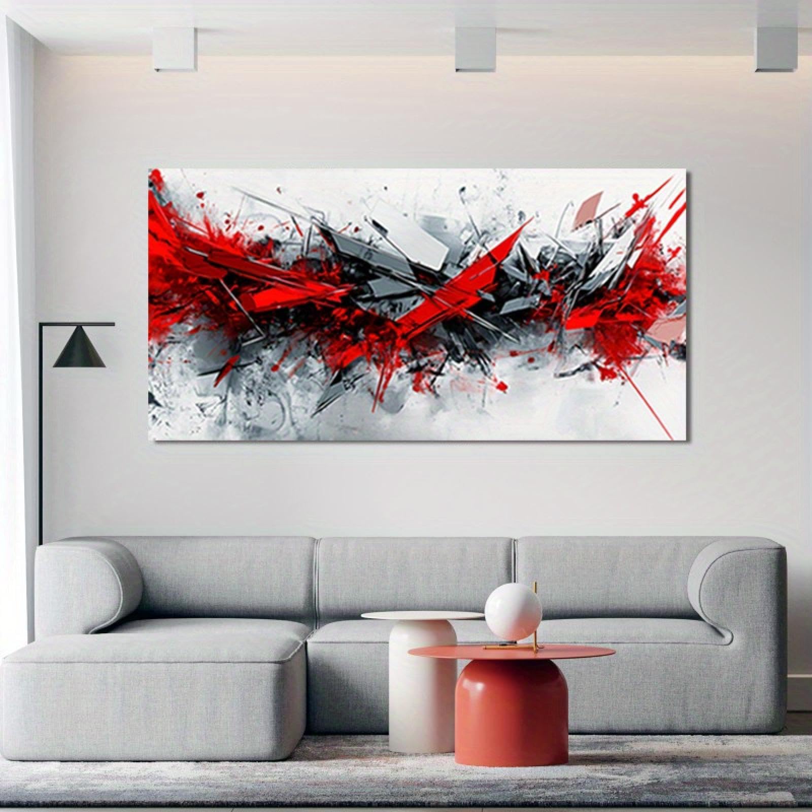 IHHGNB Lienzo abstracto para pared, diseño geométrico en rojo, negro, gris y blanco, pintura minimalista para decoración del hogar, sala de estar, 80 x 160 cm (31 x 63 pulgadas), sin marco