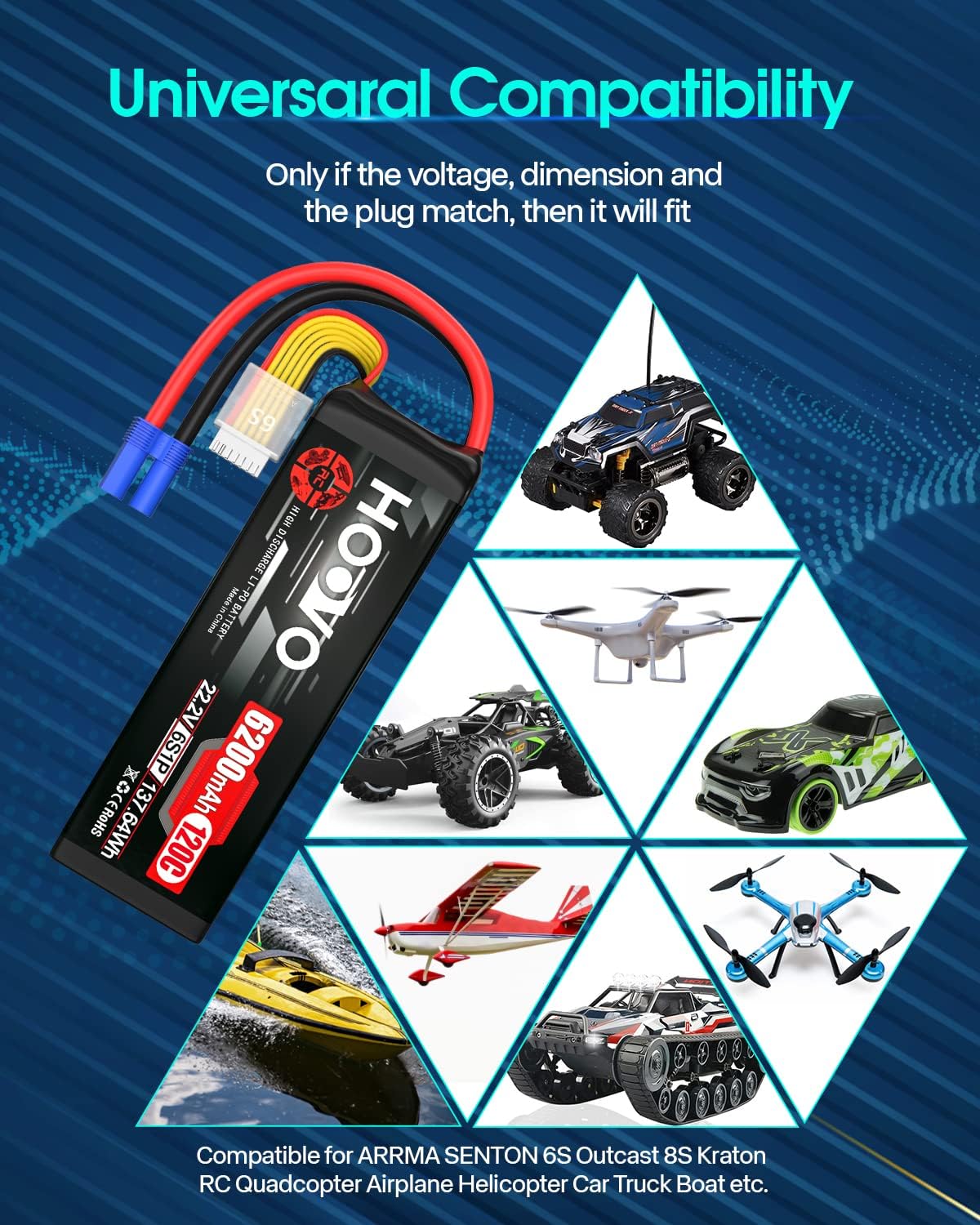 HOOVO 6S LiPo Battery 22.2V 6200mAh 120C with EC5 Plug Softcase RC Battery for RC Car Truck Boat RC Airplane Helicopter RC Vehicle
