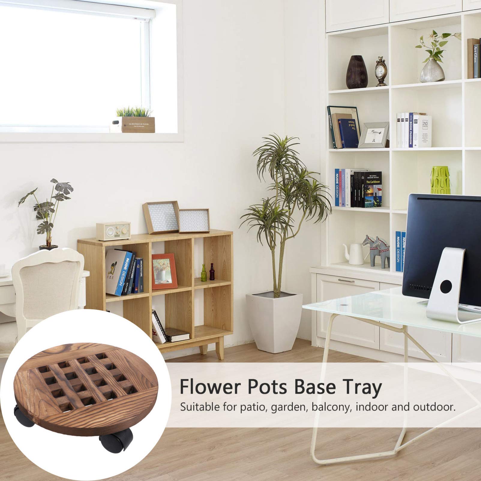 POPETPOP Plateau de Jardinière en Bois Massif avec roulettes Rotatives de 25 Cm de Diamètre pour Grands Pots de Plantes Succulentes Style Bruni
