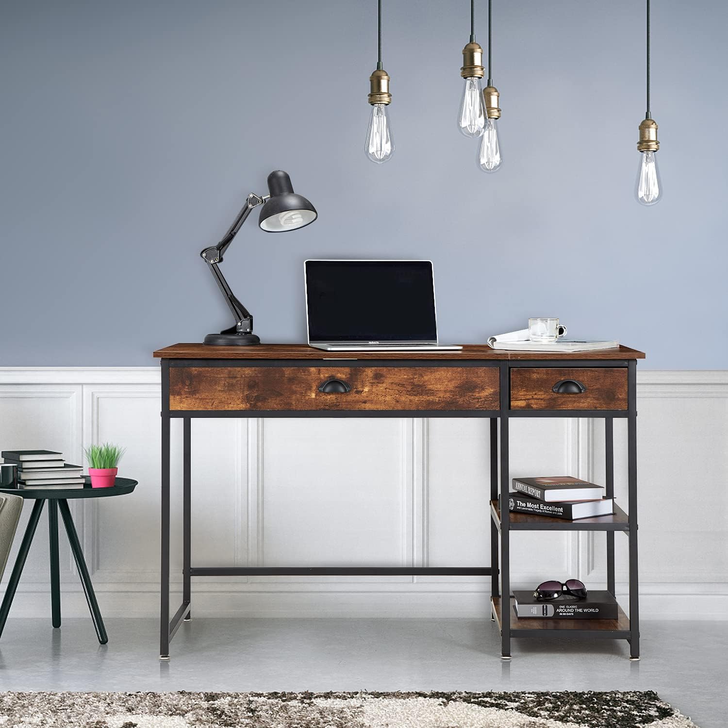 EROMMY Lifting Home Office Computer Writing Desk, 47 inch Standing Desk, Study Writing Table Workstation with Drawers and Storage Shelves, Height Adjustable, for Small Spaces,Rustic Brown : Office Products